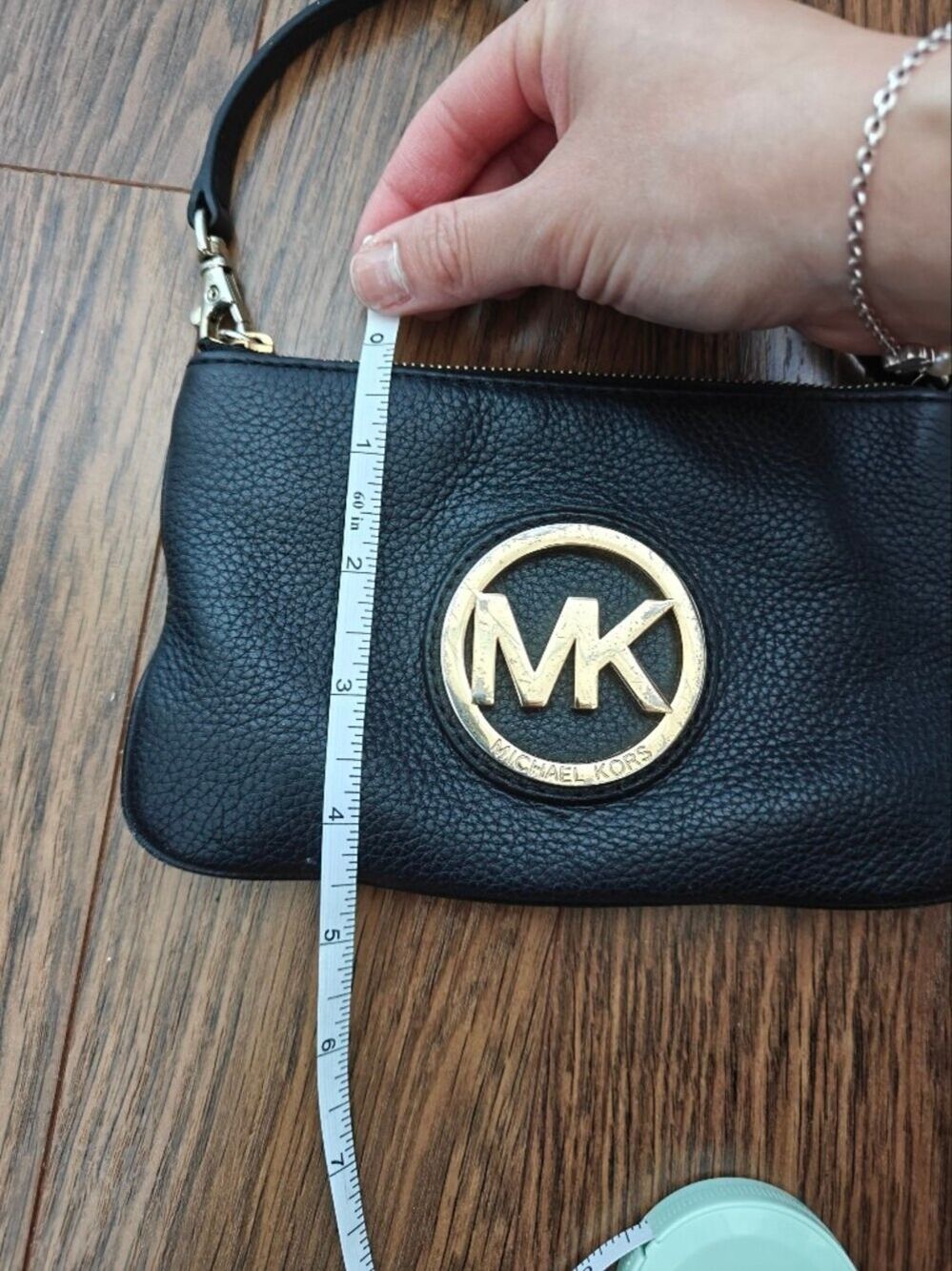 Michael Kors Black Leather Wristlet Gold MK Logo Zip Clutch 0779 - Picture 9 of 11